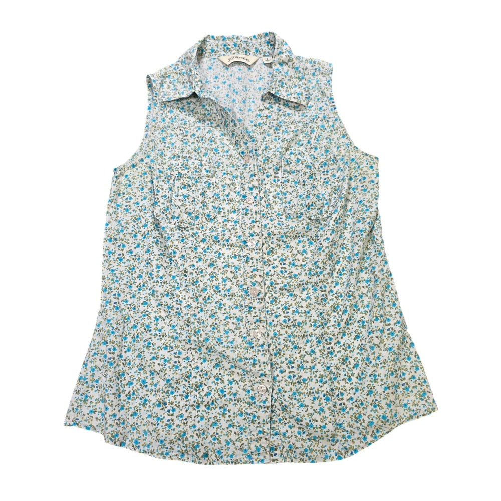 St. John's Bay Sleeveless Button Down Shirt Women's Size S Blue Green Floral